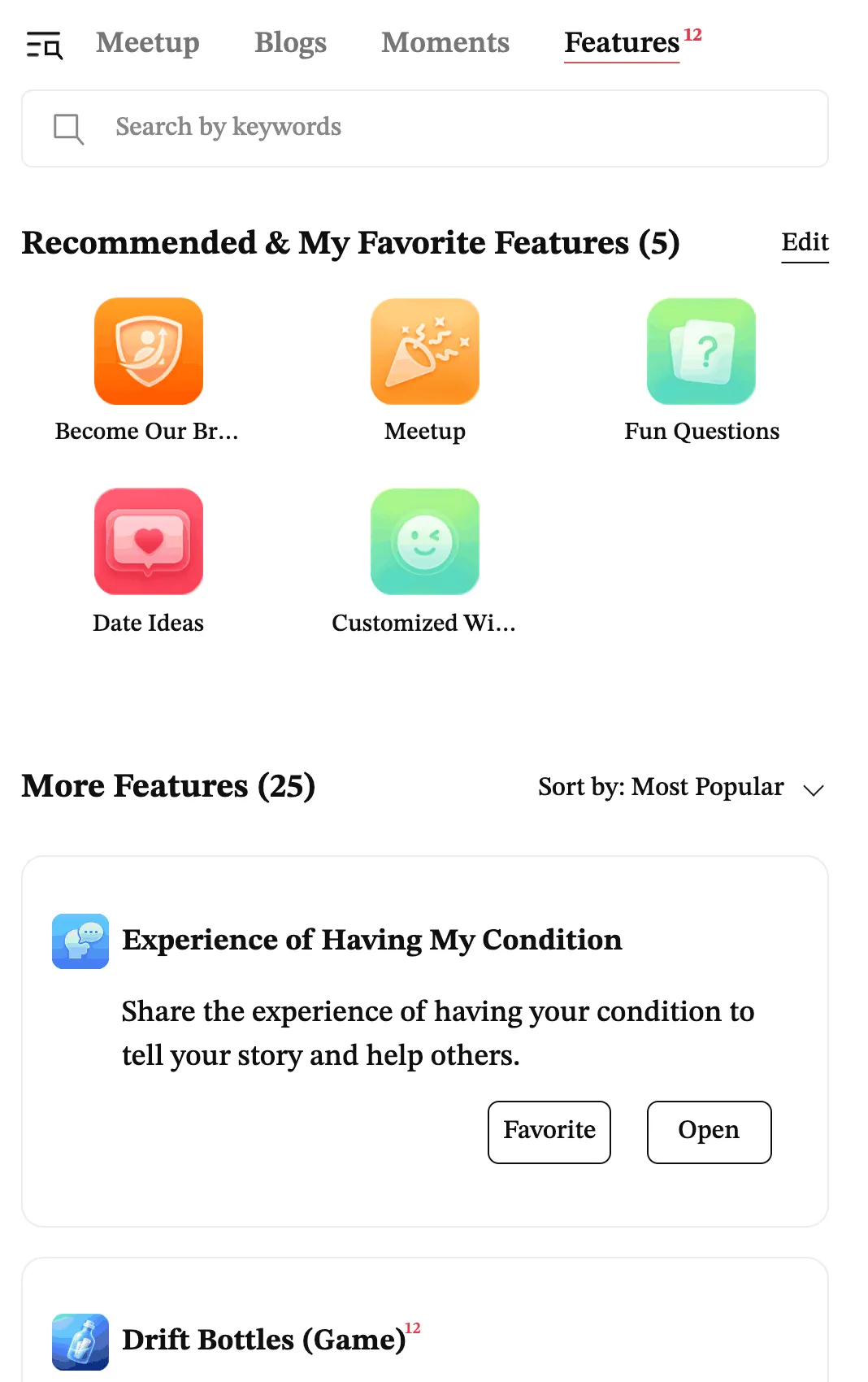 The PositiveSingles feature centre: tabs for Meetup, Blogs, Moments and Features, five favorite features, and a list headed More Features (25) that starts with Experience of Having My Condition.